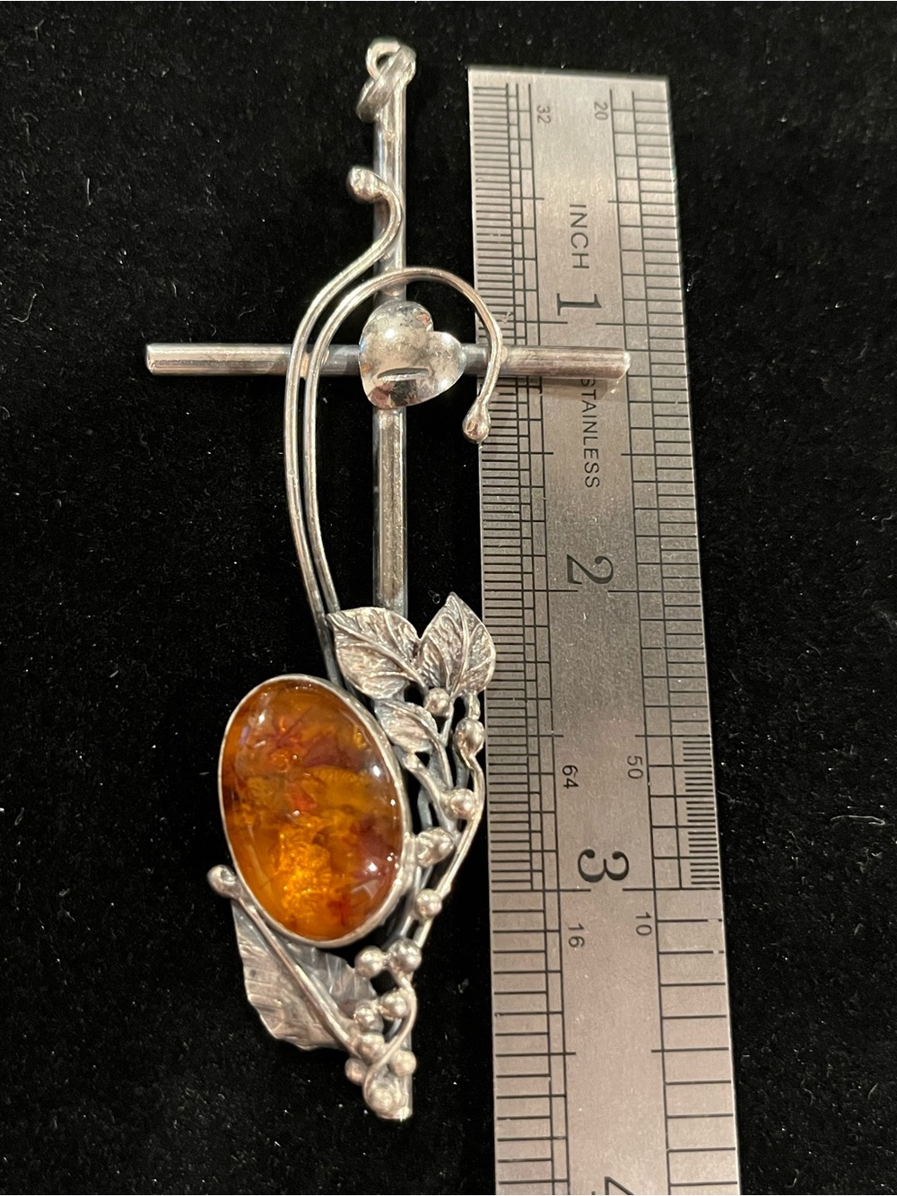 Vintage Sterling Silver Real Amber Cross Pendant